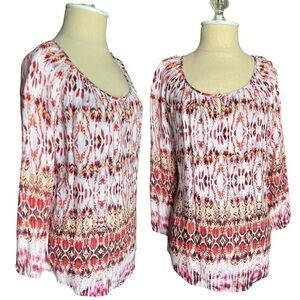 Kenar Boho Tribal print Pink Coral 3/4 Sleeve flowy lightweight blouse in Medium
